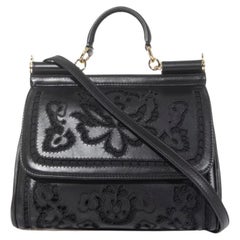 Dolce & Gabbana Black Leather Sicily Handbag Shoulder Top Handle Bag DG Floral