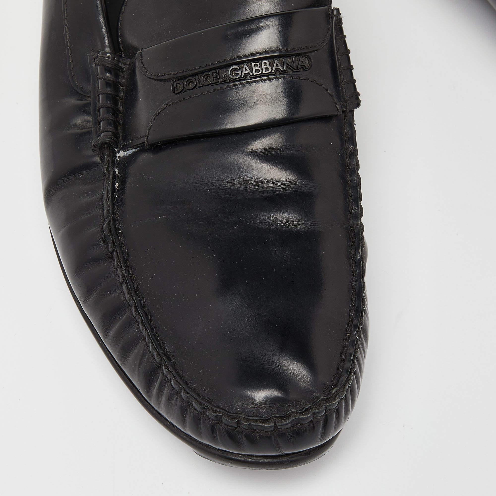 Dolce & Gabbana Black Leather Slip On Loafers Size 44.5 For Sale 2