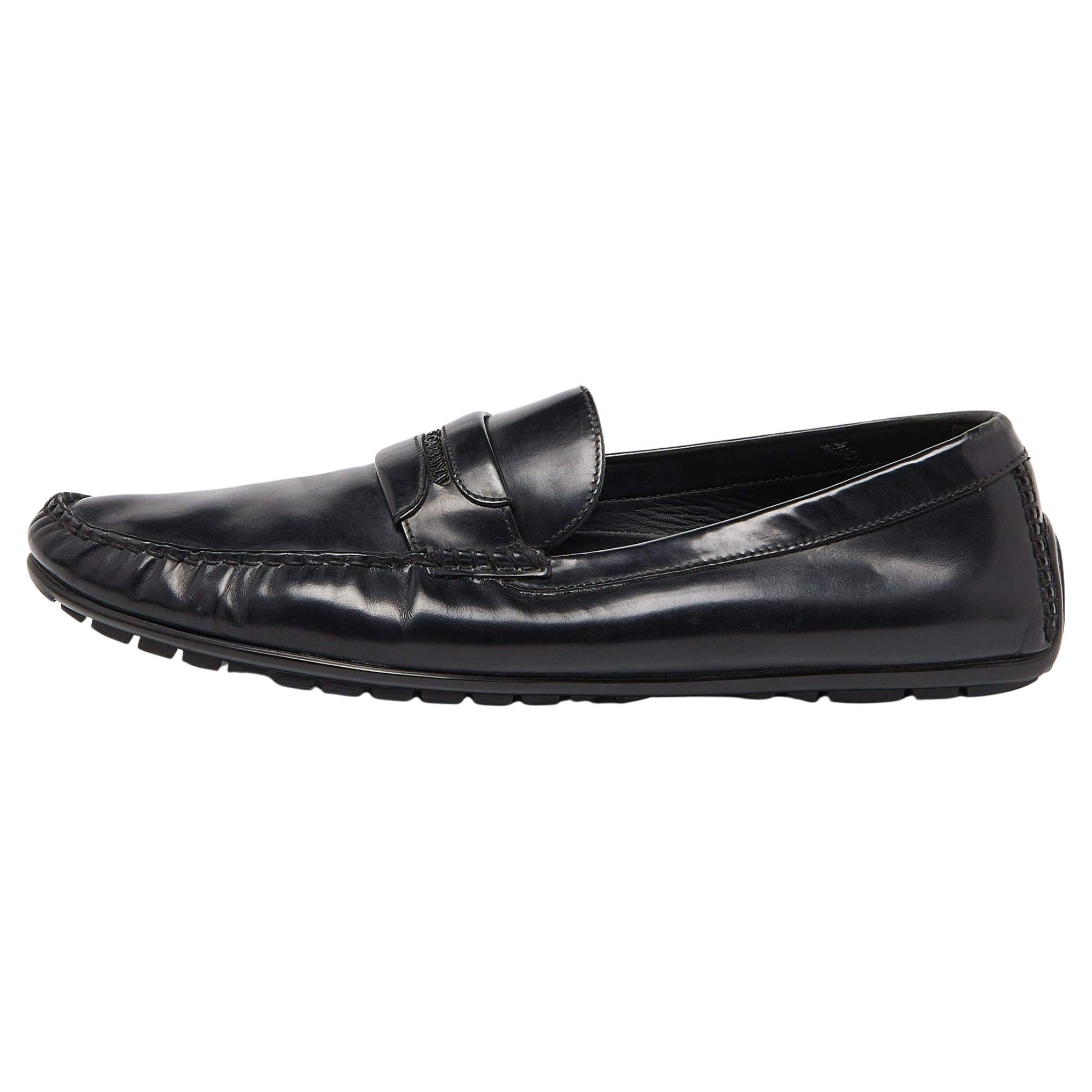 Dolce & Gabbana Black Leather Slip On Loafers Size 44.5 For Sale