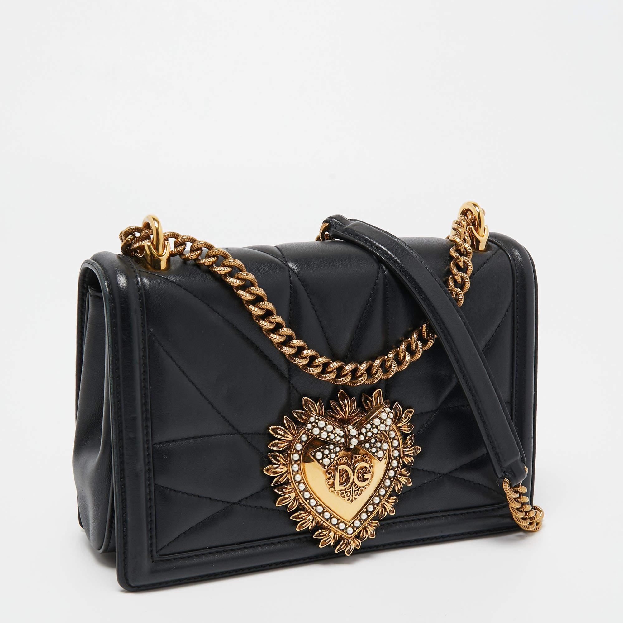 Women's Dolce & Gabbana Black Leather Small Devotion Chain Shoulder Bag