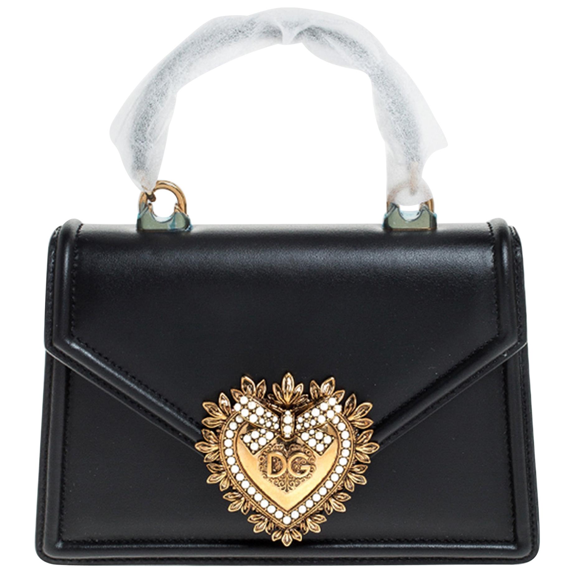 Dolce & Gabbana Black Leather Small Devotion Top Handle Bag