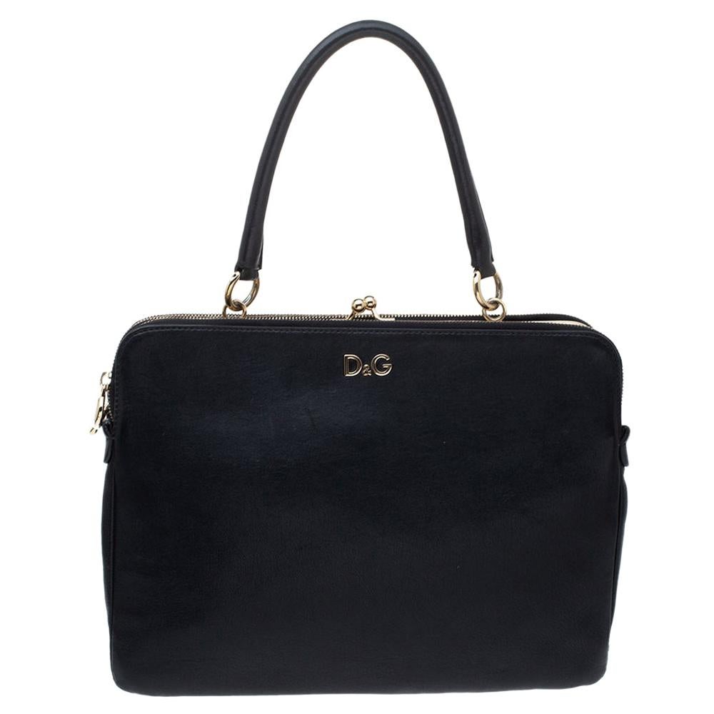 Dolce & Gabbana Black Leather Small Lily Twist Kiss Top Handle Bag
