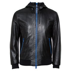 Dolce 
Gabbana Black Leather Zip Front Hooded Jacket L