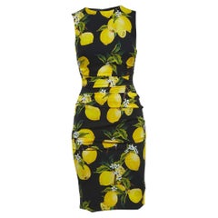 Dolce & Gabbana Black Lemon Print Satin Silk Draped Sleeveless Mini Dress S