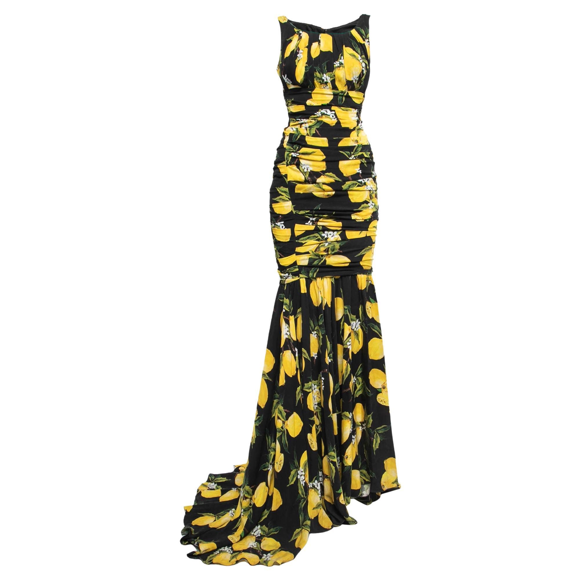 Dolce & Gabbana Black Lemon Printed Silk Ruched Maxi Dress XS