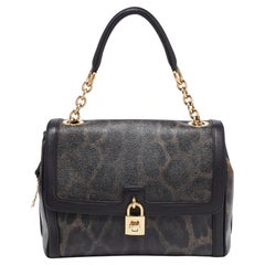 Dolce & Gabbana Black Leopard Print Canvas and Leather Padlock Top Handle Bag