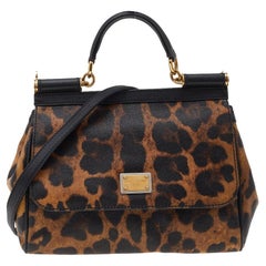 Dolce & Gabbana Black/Leopard Print Coated Small Miss Sicily Top Handle Bag