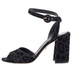 Dolce & Gabbana Black Leopard Print Glitter Fabric Ankle Strap Sandals Size 39.5