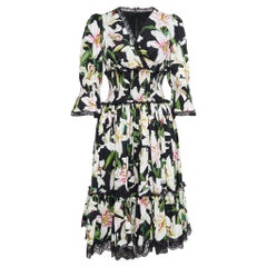 Dolce 
Gabbana Black Lily Print Cotton and Lace Midi Length Dress M