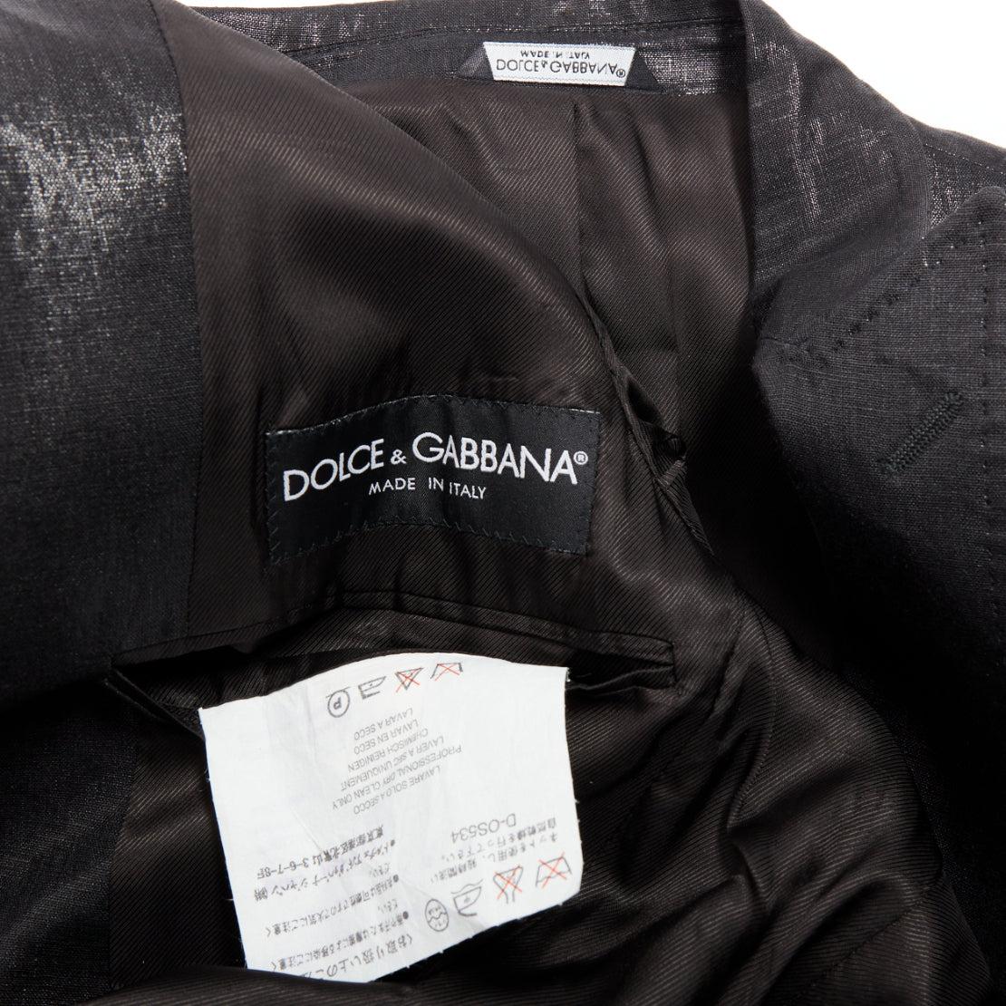 DOLCE GABBANA black linen metallic coated half canvas flap pocket suit IT44 XS en venta 5