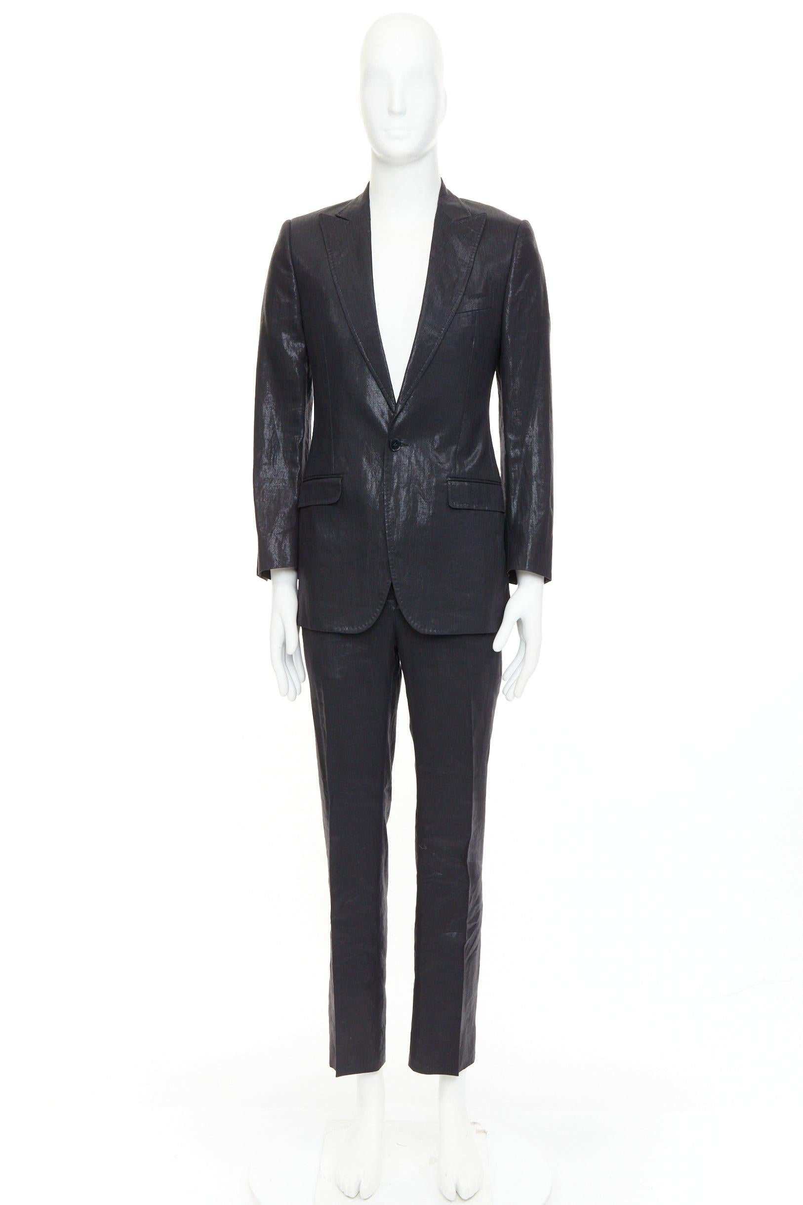 DOLCE GABBANA black linen metallic coated half canvas flap pocket suit IT44 XS en venta 7