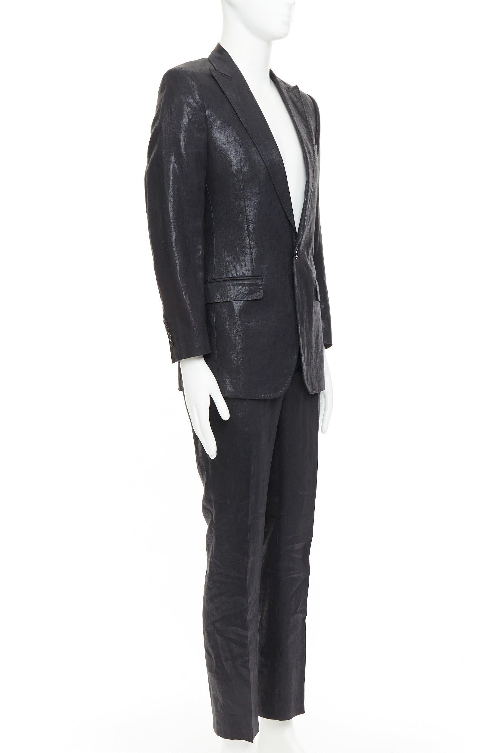 DOLCE GABBANA black linen metallic coated half canvas flap pocket suit IT44 XS Negro en venta