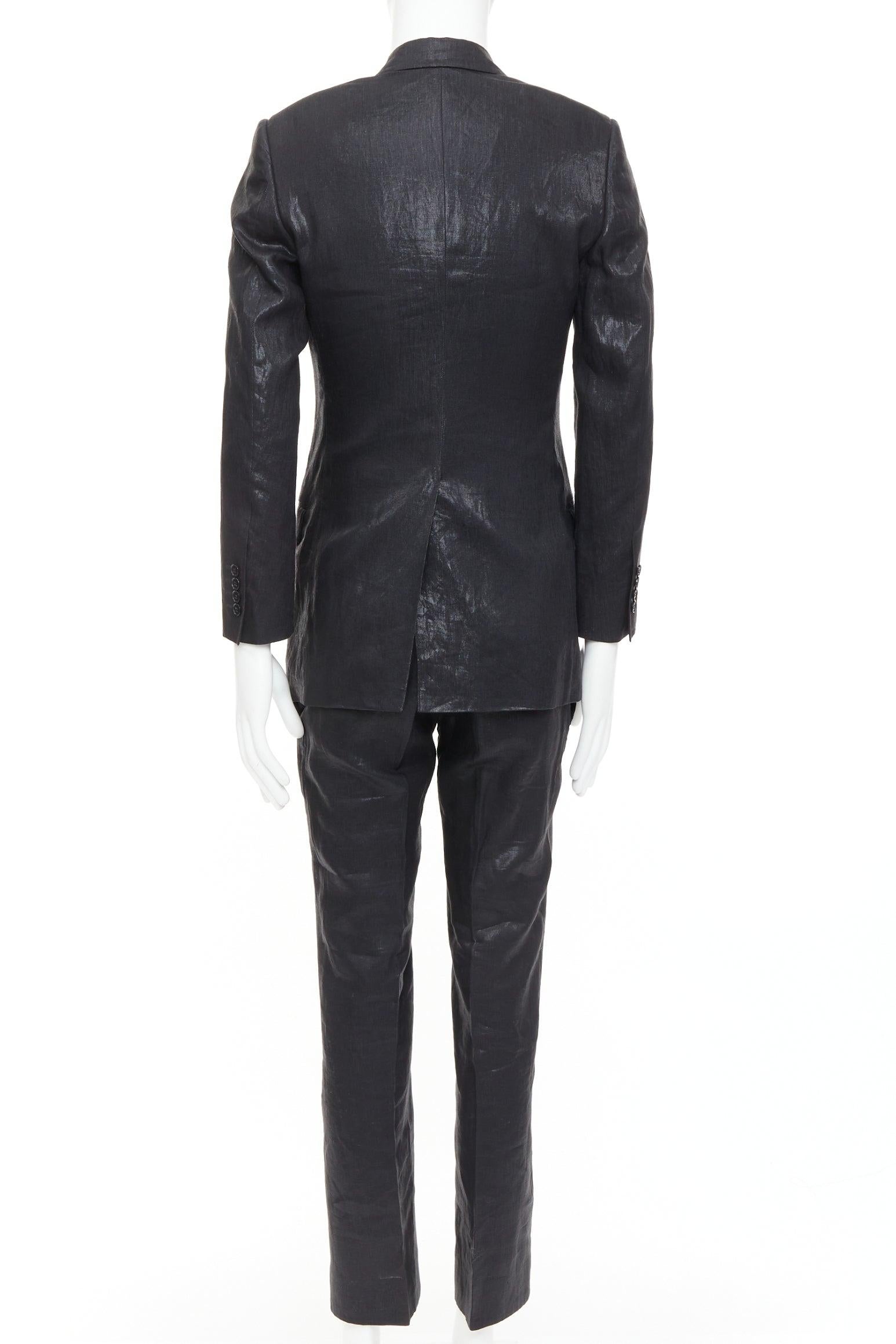De los hombres DOLCE GABBANA black linen metallic coated half canvas flap pocket suit IT44 XS en venta