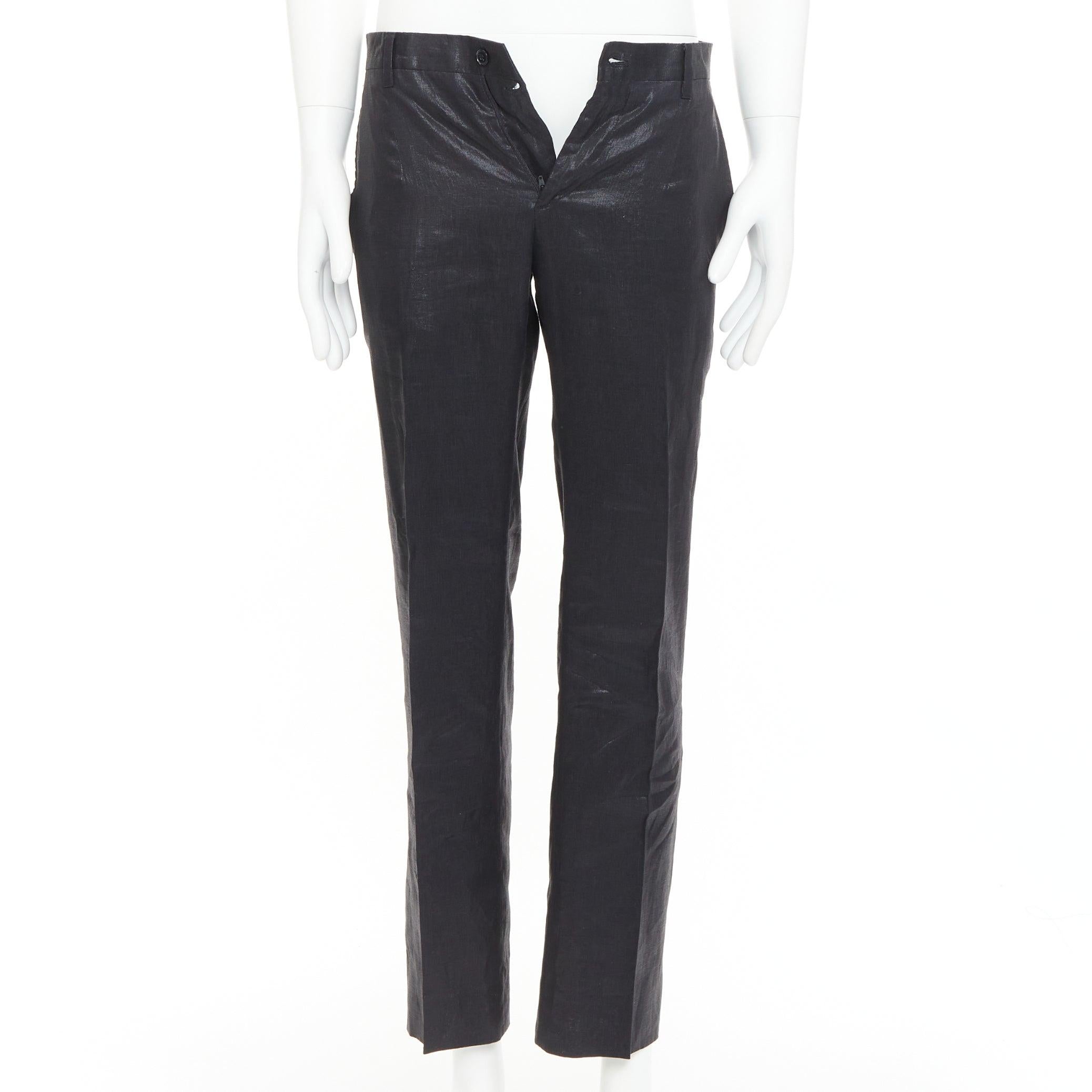 DOLCE GABBANA black linen metallic coated half canvas flap pocket suit IT44 XS en venta 3