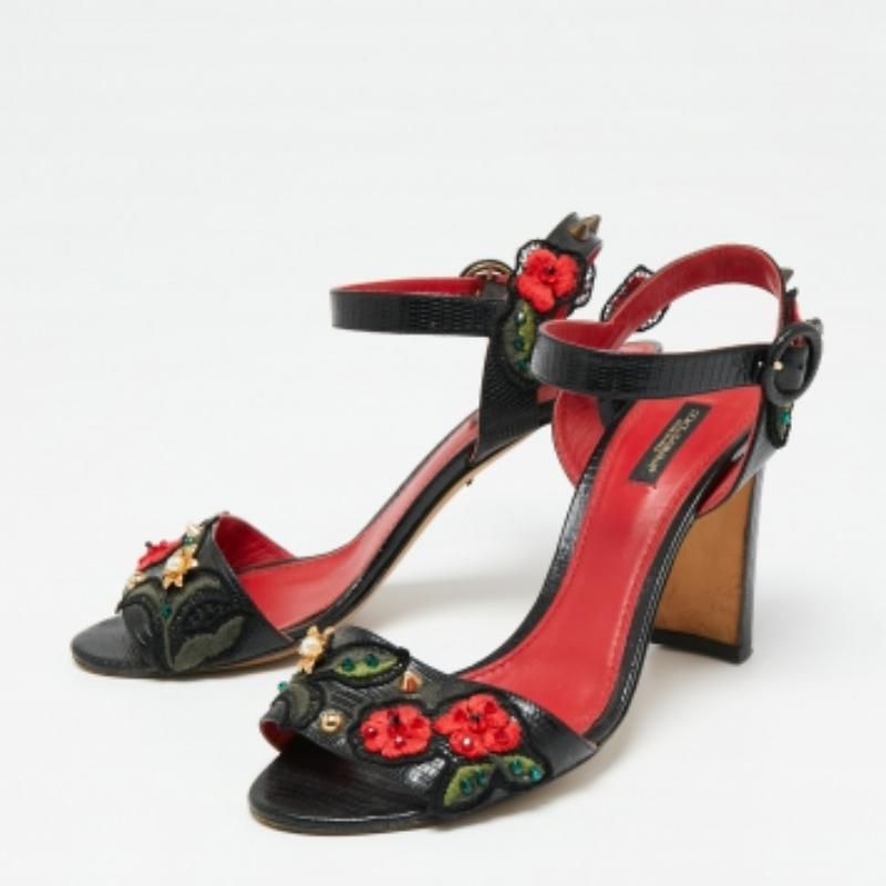 Dolce & Gabbana Sandales à talons en lézard gaufré noir Taille 40 en vente 2