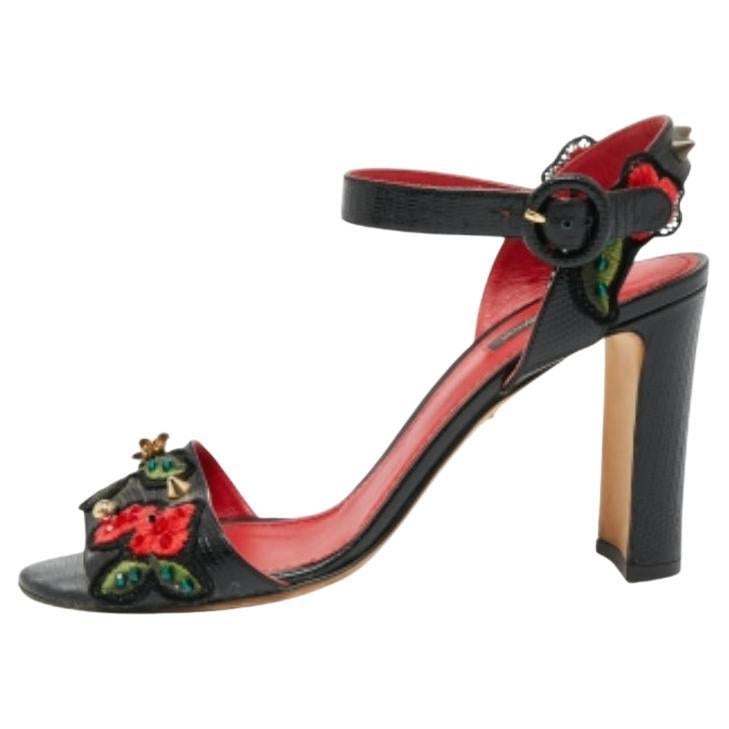 Dolce & Gabbana Sandales à talons en lézard gaufré noir Taille 40 en vente