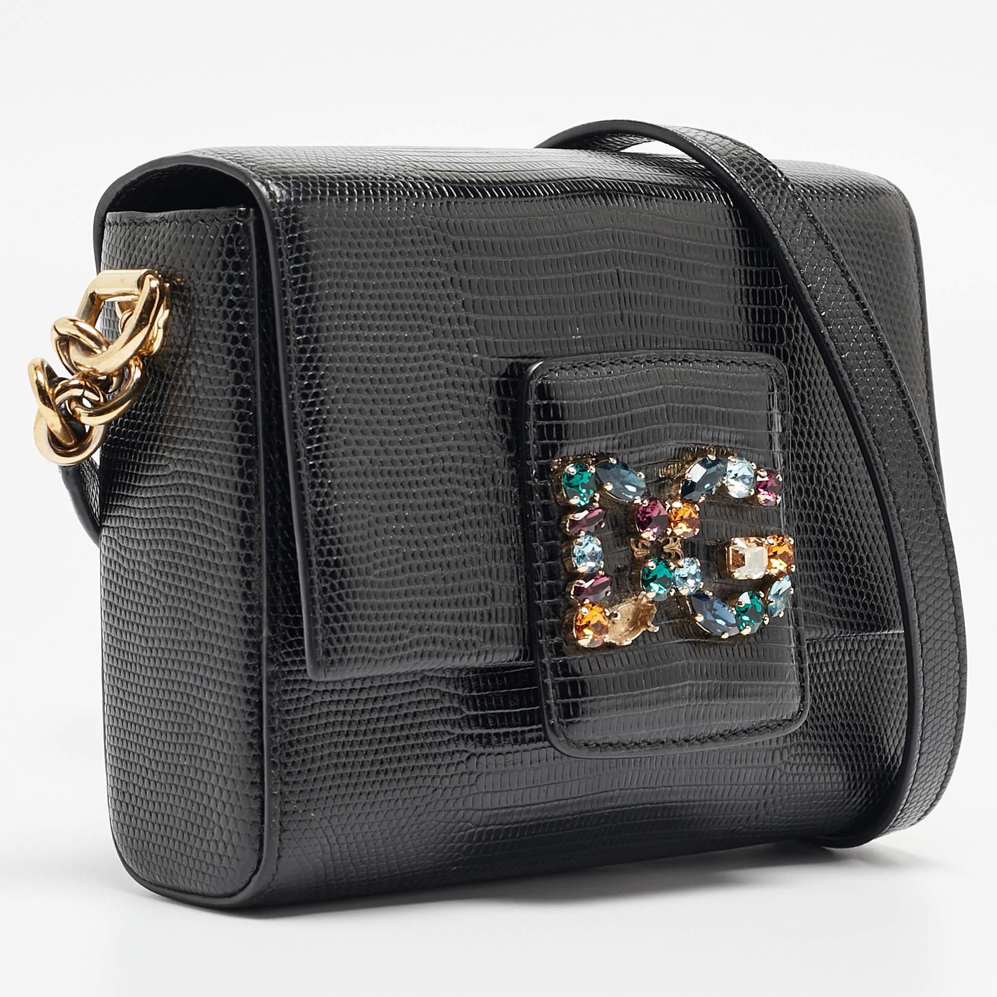 Women's Dolce & Gabbana Black Lizard Embossed Leather Mini DG Millennials Crossbody Bag