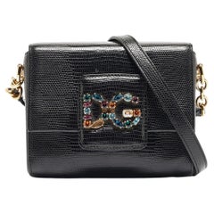 Dolce & Gabbana Black Lizard Embossed Leather Mini DG Millennials Crossbody Bag