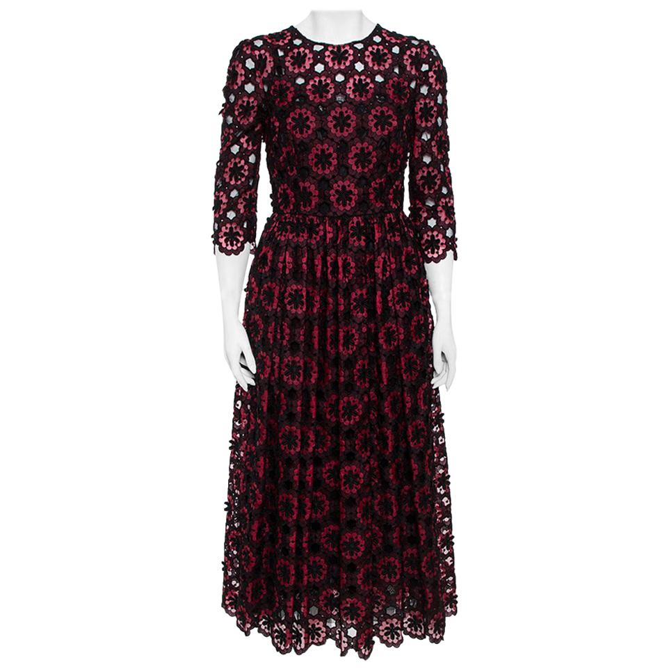 Dolce 
Gabbana Black 
Maroon Floral Lace Applique Midi Dress M