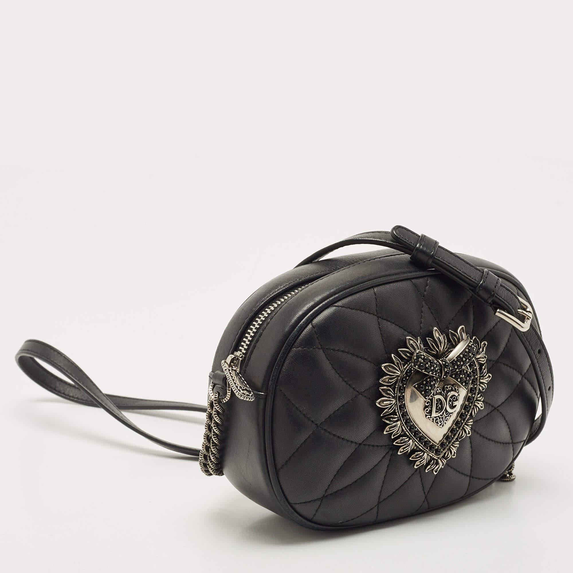 Women's Dolce & Gabbana Black Matelasse Leather Devotion Camera Crossbody Bag