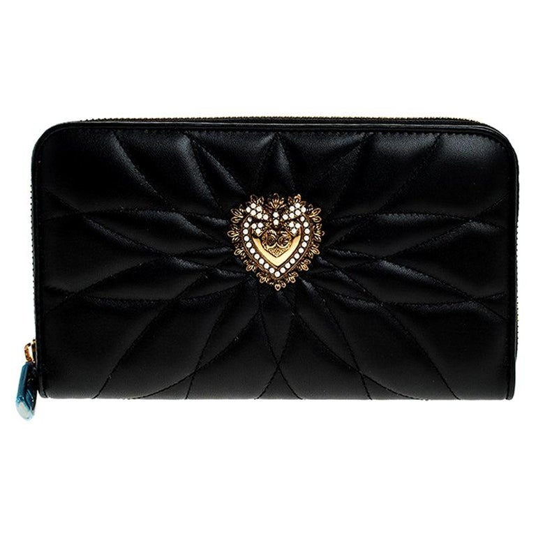 Dolce and Gabbana Black Matelasse Leather Devotion Zip Around Wallet at