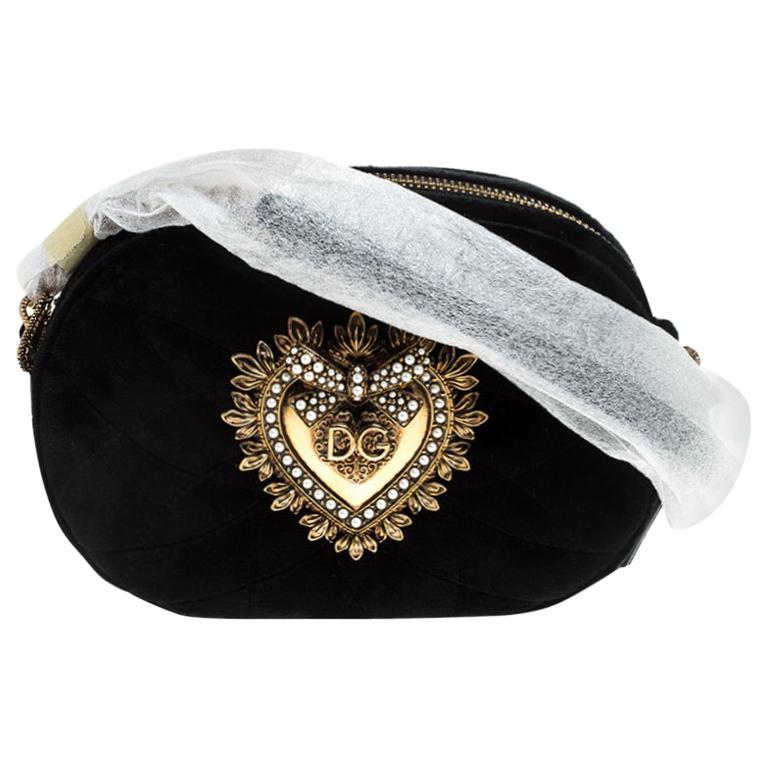 Dolce & Gabbana Black Matelasse Velvet Devotion Camera Crossbody Bag