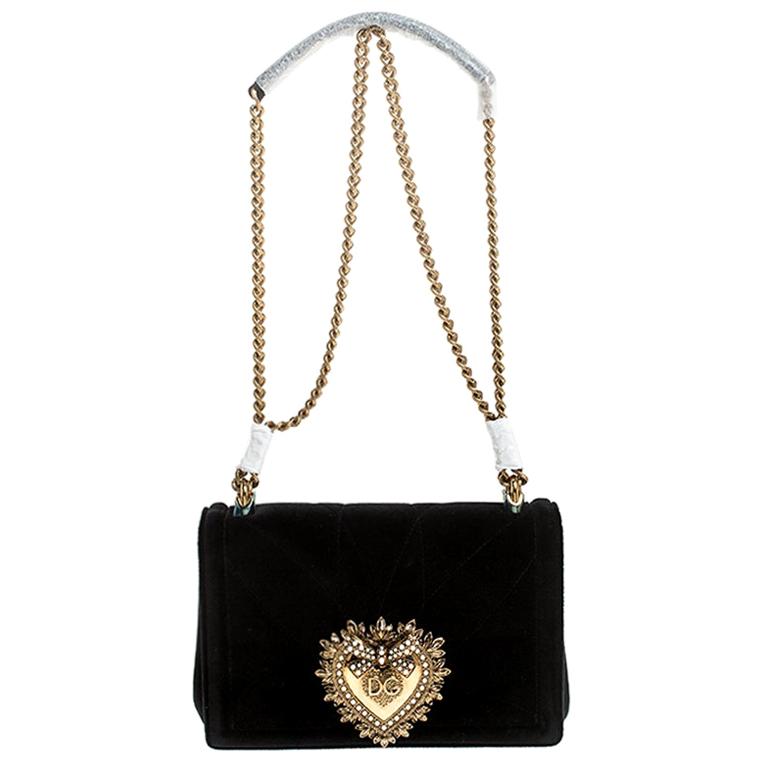 Dolce and Gabbana Black Matelasse Velvet Devotion Chain Shoulder Bag at  1stDibs