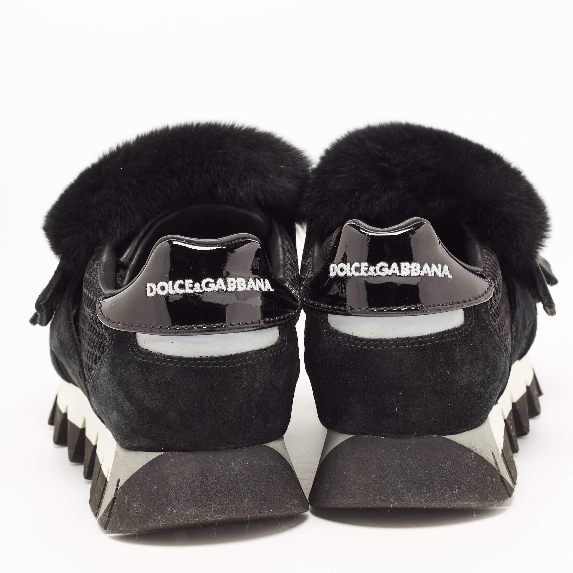 Dolce & Gabbana Black Mesh and Fur Low Top Sneakers Size 39 For Sale 3