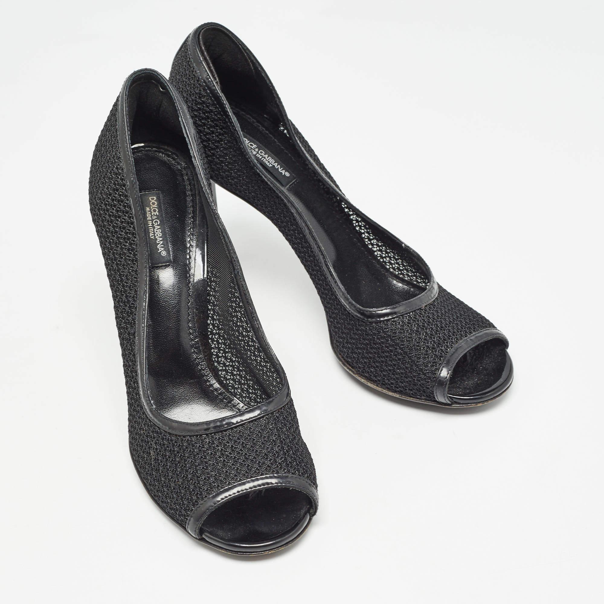Women's Dolce & Gabbana Black Mesh And Leather Trims Peep Toe Pumps Size 39 For Sale