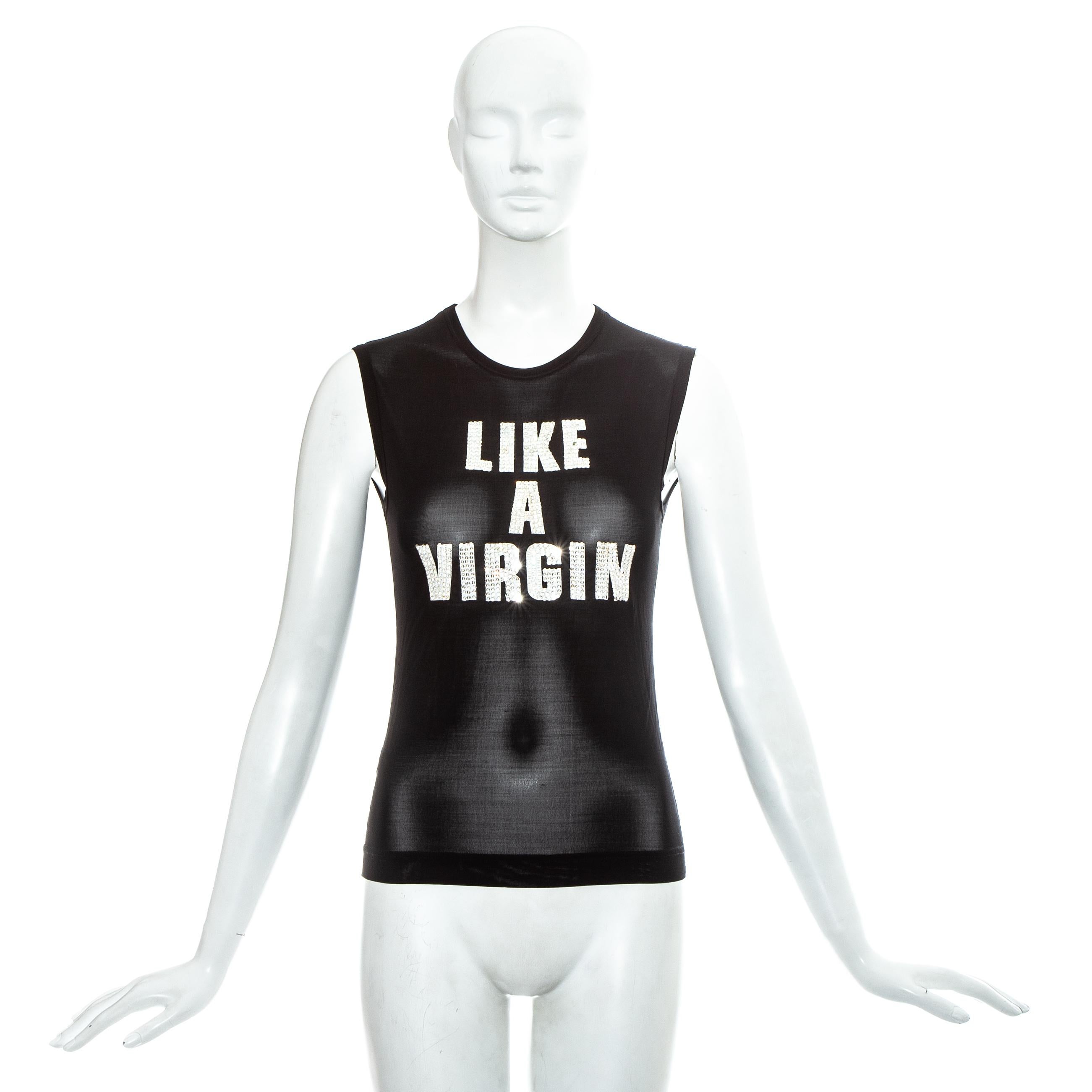 Limited Edition Dolce & Gabbana black mesh vest with rhinestone embellished 'LIKE A VIRGIN', designed for Madonna's 'Drowned' world tour.

Spring-Summer 2001