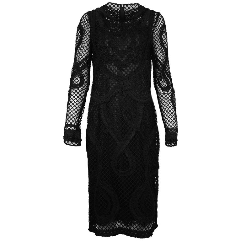 Dolce and Gabbana Black Mesh Embroidered Longsleeve Dress sz 12 For ...