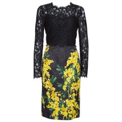 Dolce & Gabbana Black Mimosa Print Brocade And Lace Dress M