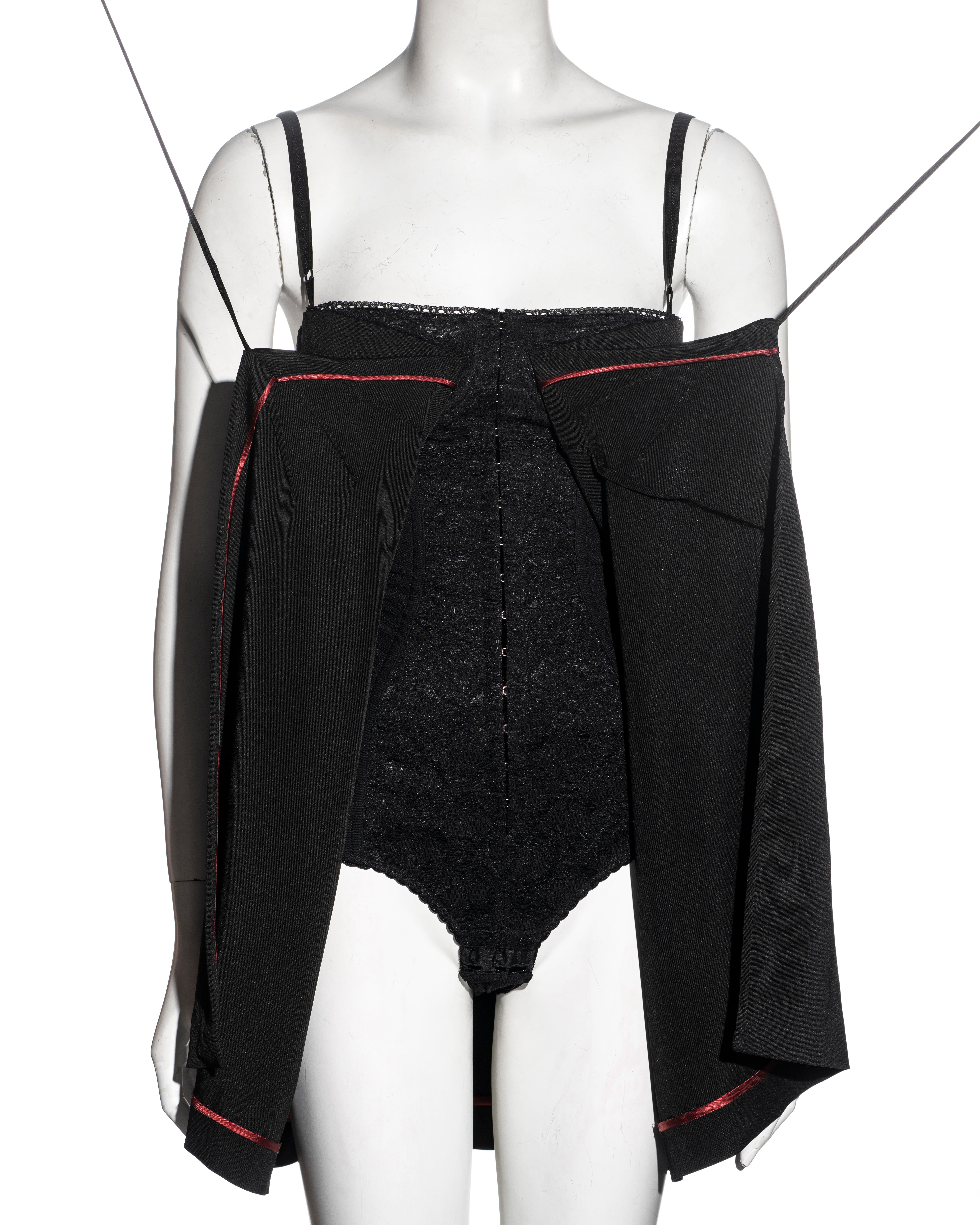 Women's Dolce & Gabbana black mini wrap dress with built in corset bodysuit, fw 1997