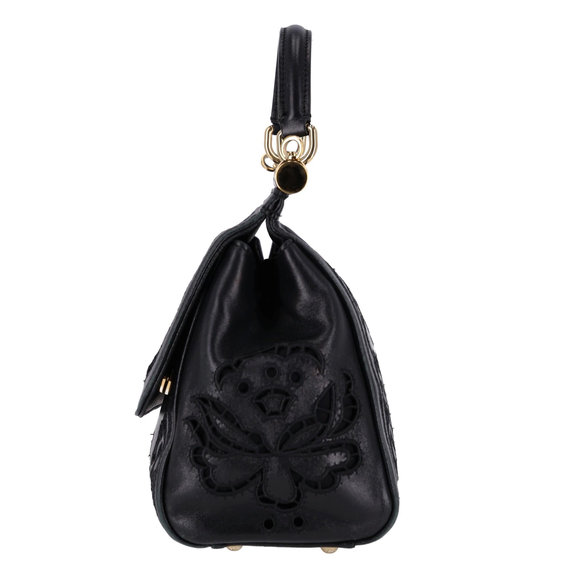 Women's Dolce & Gabbana Black Miss Sicily Floral Embroidered Leather Bag