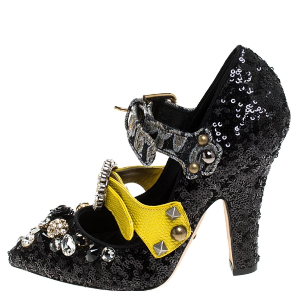 Dolce & Gabbana Black Mixed Media Crystal Embellished Mary Jane Pumps Size 36 1