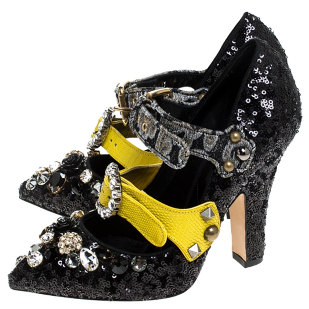 Dolce & Gabbana Black Mixed Media Crystal Embellished Mary Jane Pumps Size 36 2