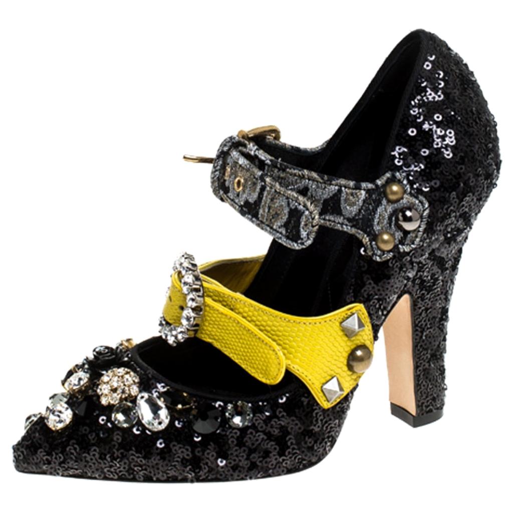 Dolce & Gabbana Black Mixed Media Crystal Embellished Mary Jane Pumps Size 36