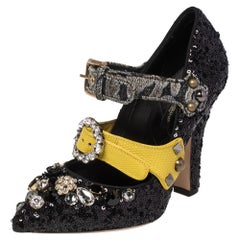 Dolce & Gabbana Black Mixed Media Crystal Embellished Mary Jane Pumps Size 36