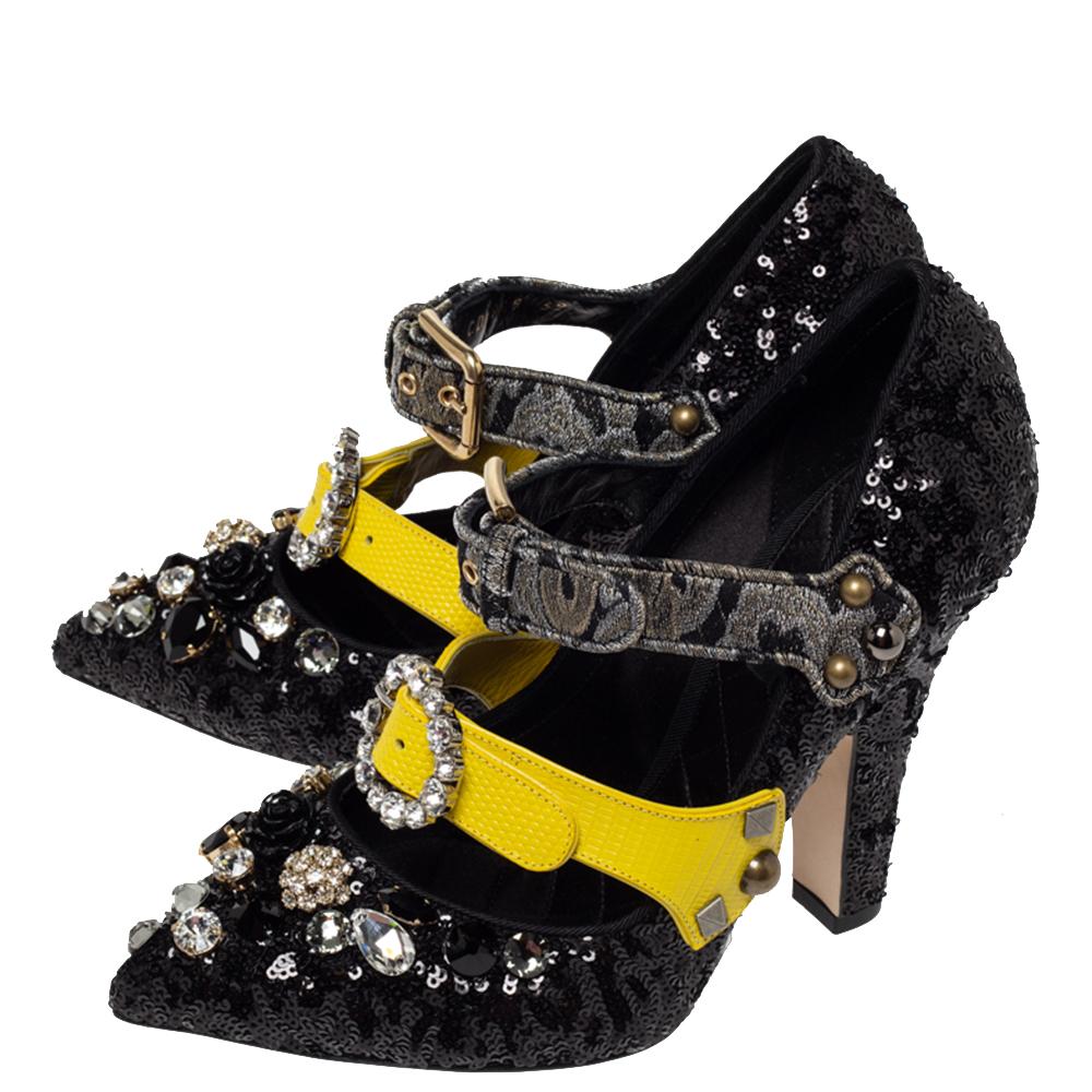 Dolce & Gabbana Black Mixed Media Crystal Embellished Mary Jane Pumps Size 39 1