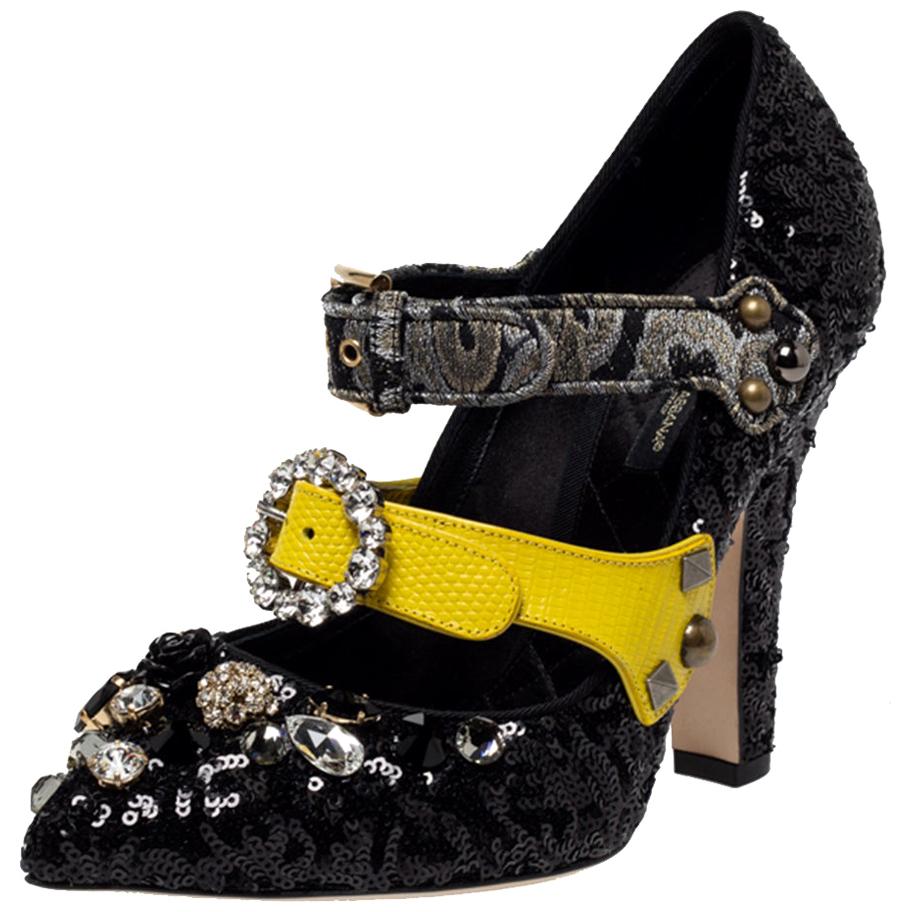 Dolce & Gabbana Black Mixed Media Crystal Embellished Mary Jane Pumps Size 39
