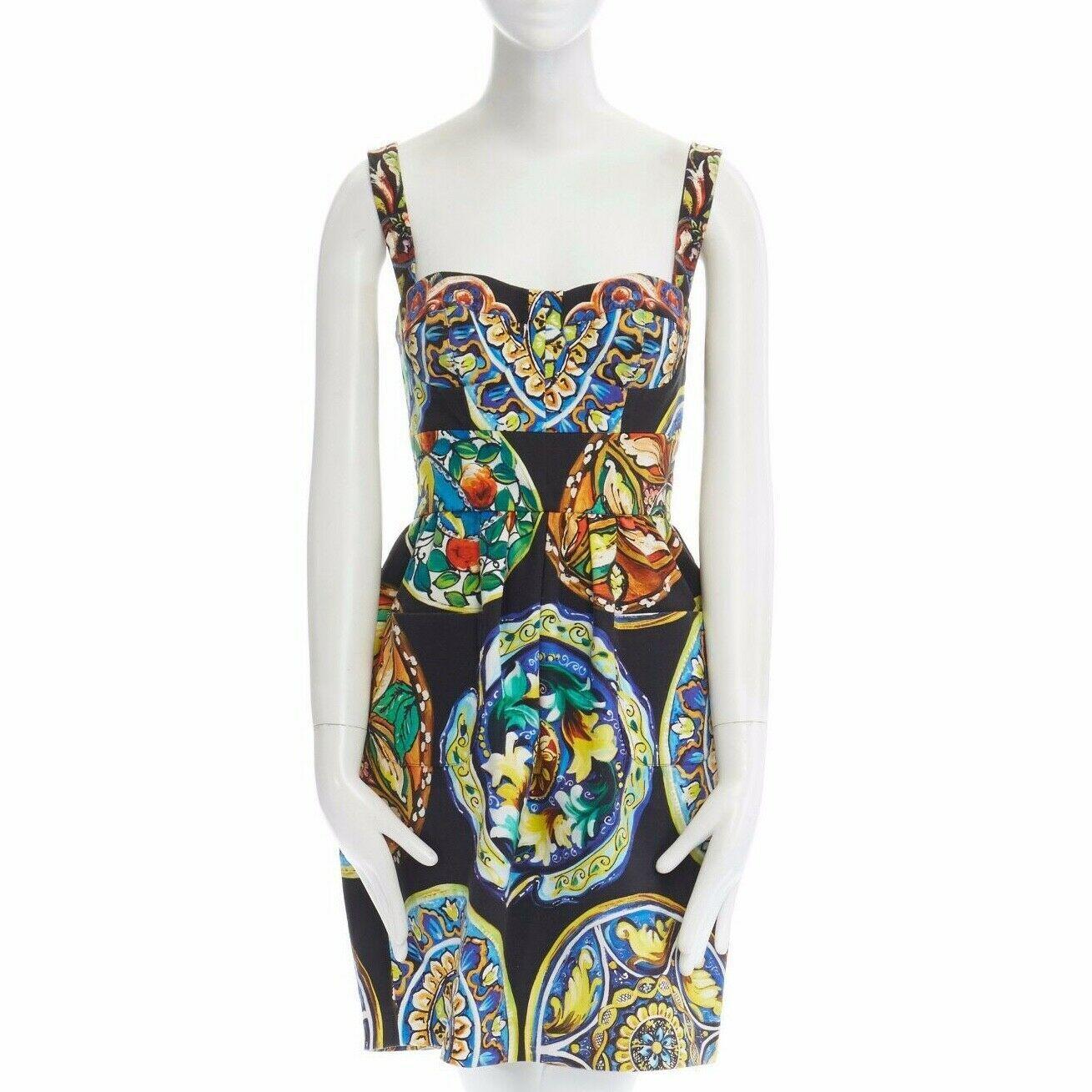 DOLCE GABBANA black multi Majorlica print cotton ruched back mini dress IT42 In Excellent Condition In Hong Kong, NT