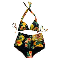 Dolce & Gabbana Black Multicolor Floral Bikini Swimsuit Swimwear Beachwear DG