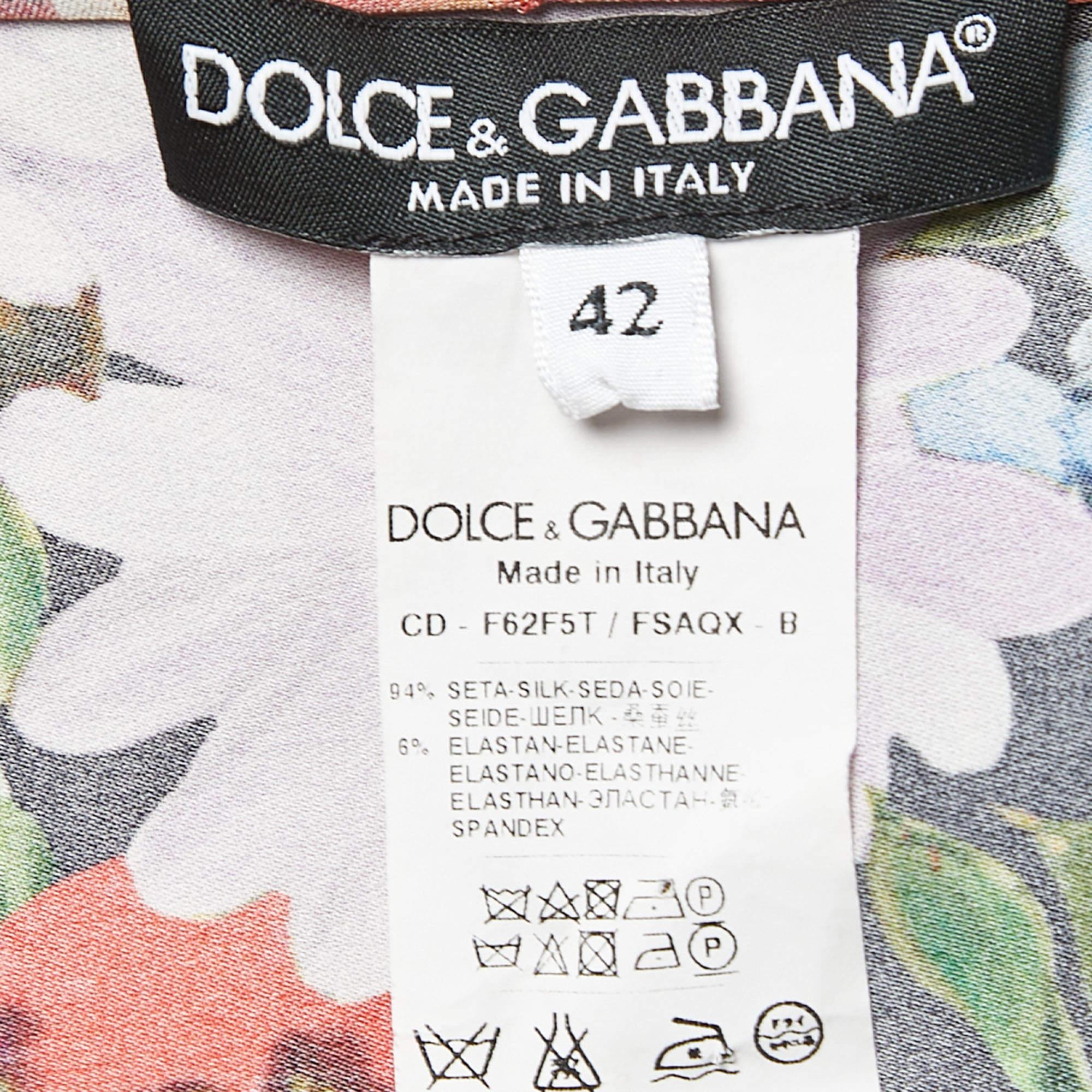 Brown Dolce & Gabbana Black/Multicolor Floral Printed Stretch Silk Midi Dress  For Sale