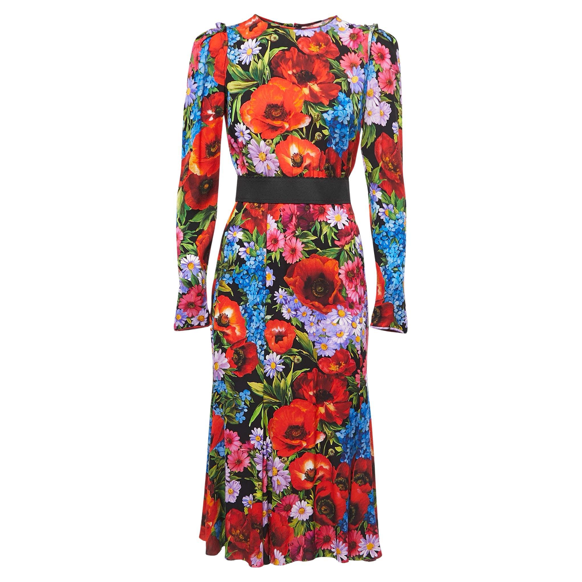 Dolce & Gabbana Black/Multicolor Floral Printed Stretch Silk Midi Dress  For Sale