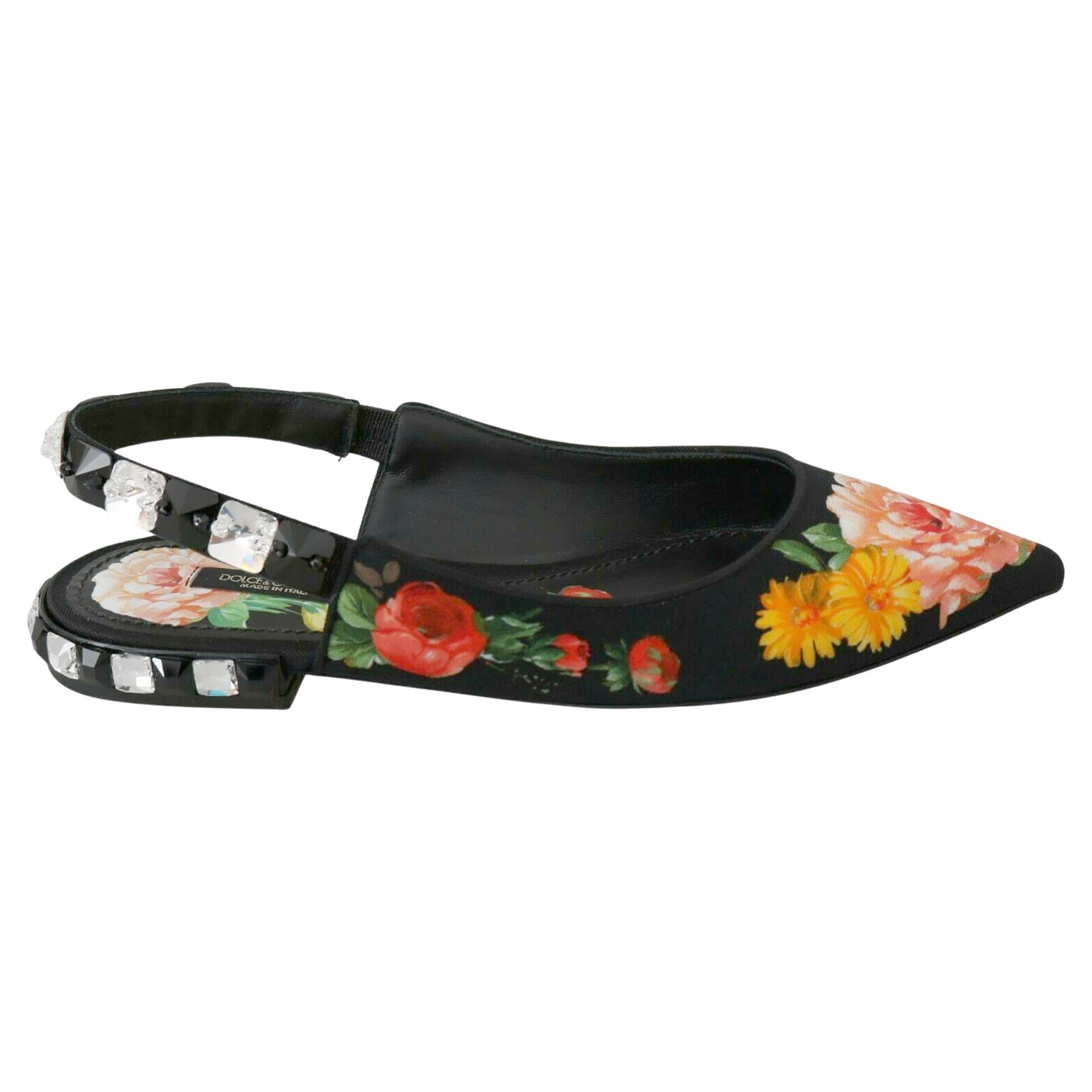 Dolce 
Gabbana Black Multicolor Floral Slingback Flats Shoes Jewels Crystals