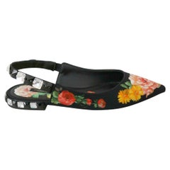 Dolce & Gabbana Black Multicolor Floral Slingback Flats Shoes Jewels Crystals