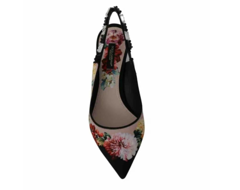 Dolce & Gabbana Black Multicolor Floral Viscose Sling Backs Heels Shoes Crystals In New Condition In WELWYN, GB