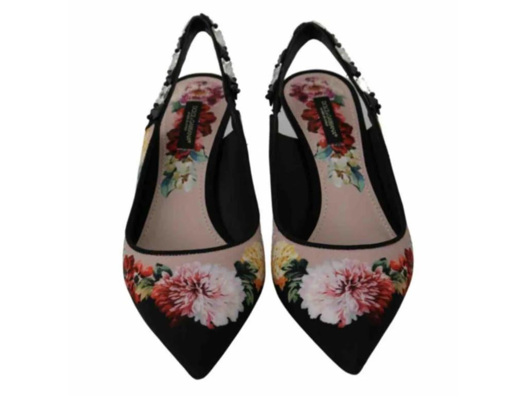 Women's Dolce & Gabbana Black Multicolor Floral Viscose Sling Backs Heels Shoes Crystals