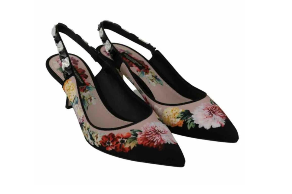 Dolce & Gabbana Black Multicolor Floral Viscose Sling Backs Heels Shoes Crystals 1