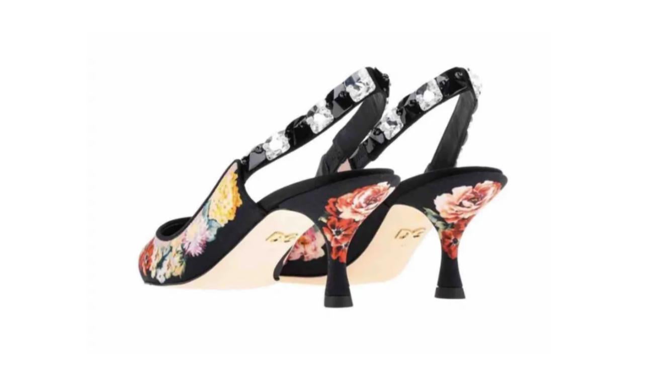 Dolce & Gabbana Black Multicolor Floral Viscose Sling Backs Heels Shoes Crystals 3